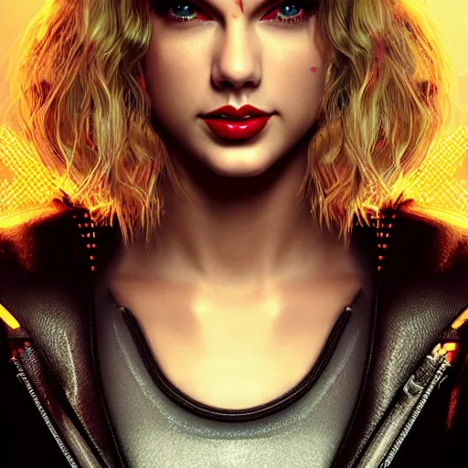 Image similar to taylor swift portrait, Cyberpunk 2077, cyberpsycho, photorealistic, ultra detailed, neon, octane, bokeh, cyber, cyberpunk city, feature, scars, cyberface, 8k