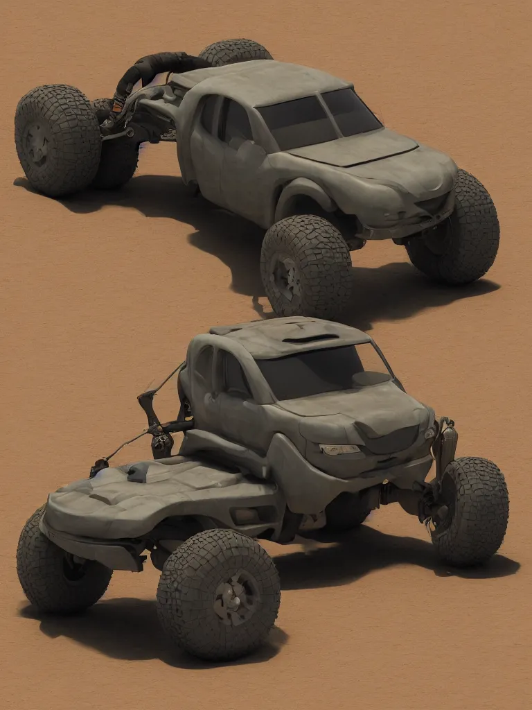 Image similar to i highly modified caricature 4 wd vehicle with oversized wheels trashing through the mud, 3 d, trending on artstation, octane render, 8 k