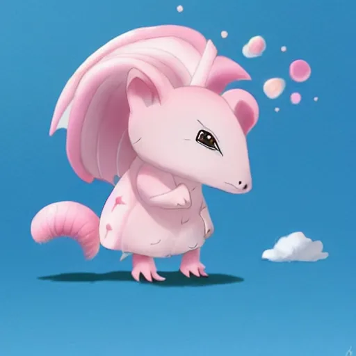 Image similar to ( ( ( pink fairy armadillo riding on a small cloud carrying a small backpack ) ) ), anime,