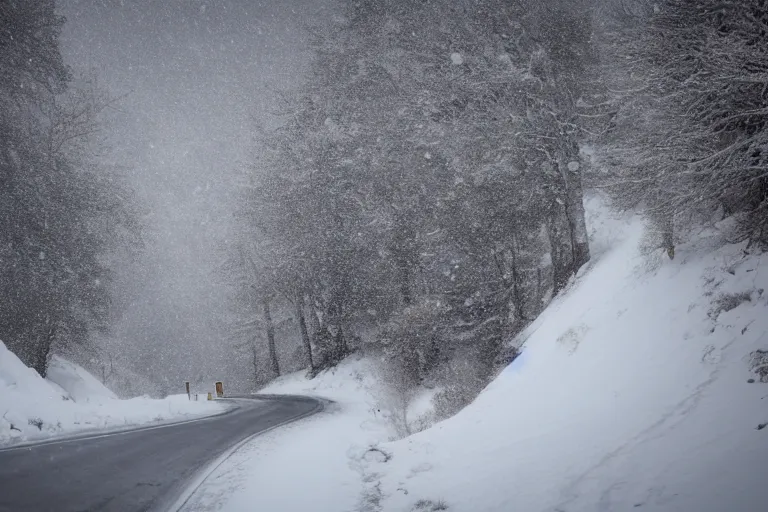 Image similar to a dangerous winding road route on an icy snowy cliff, blizzard, photo