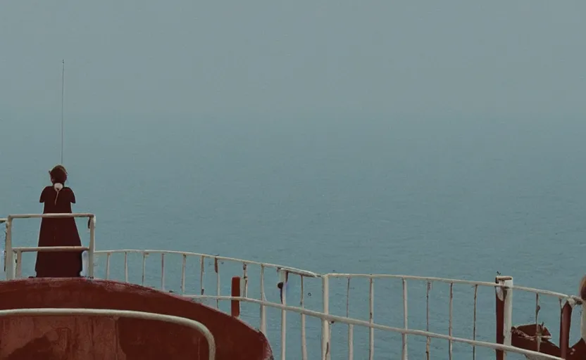 Prompt: a woman standing at the top of a lighthouse using binoculars, a screenshot by wes anderson, tumblr, video art, wide lens, filmic, criterion collection, symmetry