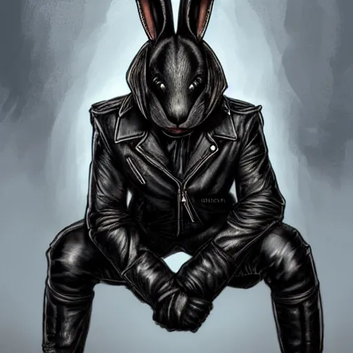 Prompt: A bunny with a small head wearing a fine intricate leather jacket and wearing fine intricate leather jeans and leather gloves, crouching, trending on FurAffinity, energetic, dynamic, digital art, highly detailed, FurAffinity, high quality, digital fantasy art, FurAffinity, favorite, character art