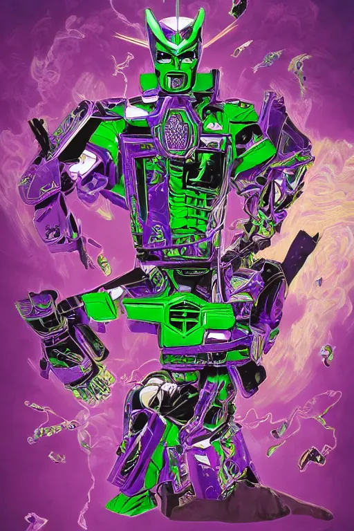 Image similar to portrait of cowboy johnny cash as purple green optimus prime power ranger from transformers surfing tonic stimulant fluids on air guitar zord UFO hoverboard, intricate, highly detailed, smooth, artstation, digital illustration by Lisa Frank and Ruan Jia and Mandy Jurgens and Artgerm and Wayne Barlowe and Greg Rutkowski and Zdislav Beksinski