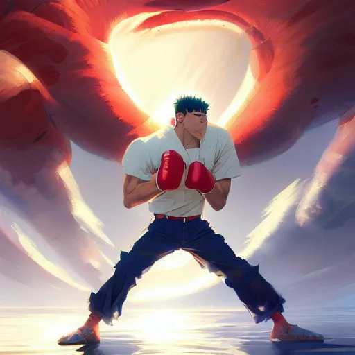 Image similar to hajime no ippo fight, magnificent, close up, details, sharp focus, elegant, highly detailed, illustration, by Jordan Grimmer and greg rutkowski and PiNe and Imoko and wlop and maya takamura, intricate, beautiful, Trending artstation, pixiv, digital Art