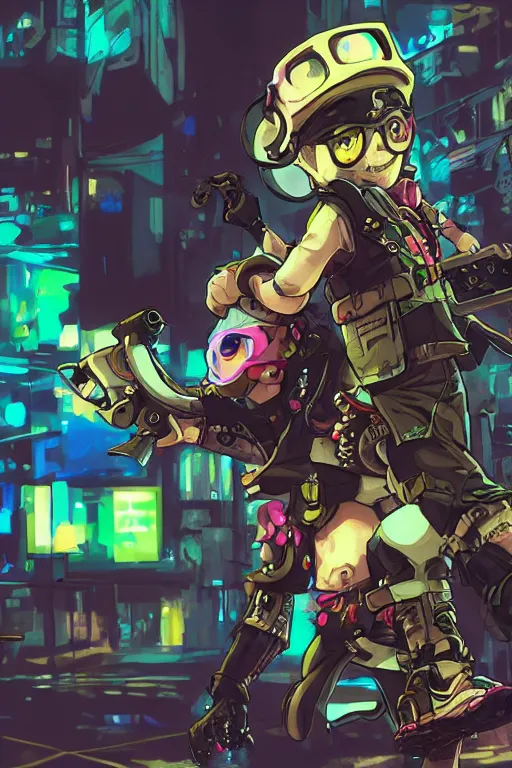 Prompt: splatoon nintendo dynamic poses digital painting on canvas, victorian steampunk, yoji shinkawa, yoshitaka amano, cyberpunk, trending on artstation, featured on pixiv, cinematic composition, 8 k