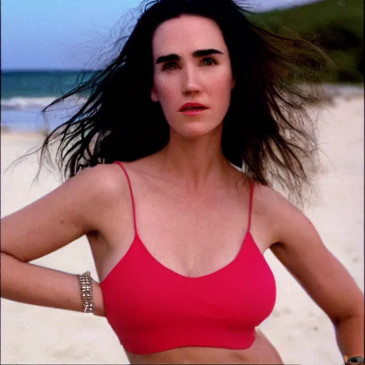 Prompt: Portrait Photography, medium closeup of young jennifer connelly poses in 2 Piece Mini Micro Push Up Swimsuits at summer beach, confident pose, fierce expression at sunset
