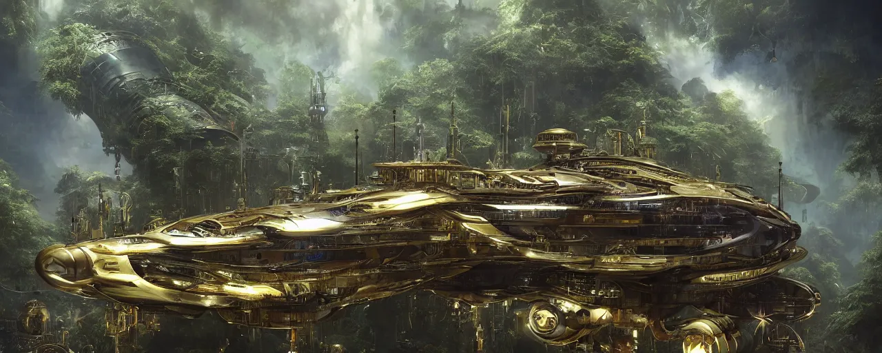 Image similar to a large futuristic scientific flying steampunk battleship elegant, smooth, ornate with gold trimmings, by Craig Mullins and Scott Robertson large steampunk space port inside a lush rainforest background by Dylan Cole and federico pelat cinematic dappled lighting, hyper detailed hyper detailed, 8k, ultra realistic, cinematic lighting, ultra wide 35mm lens