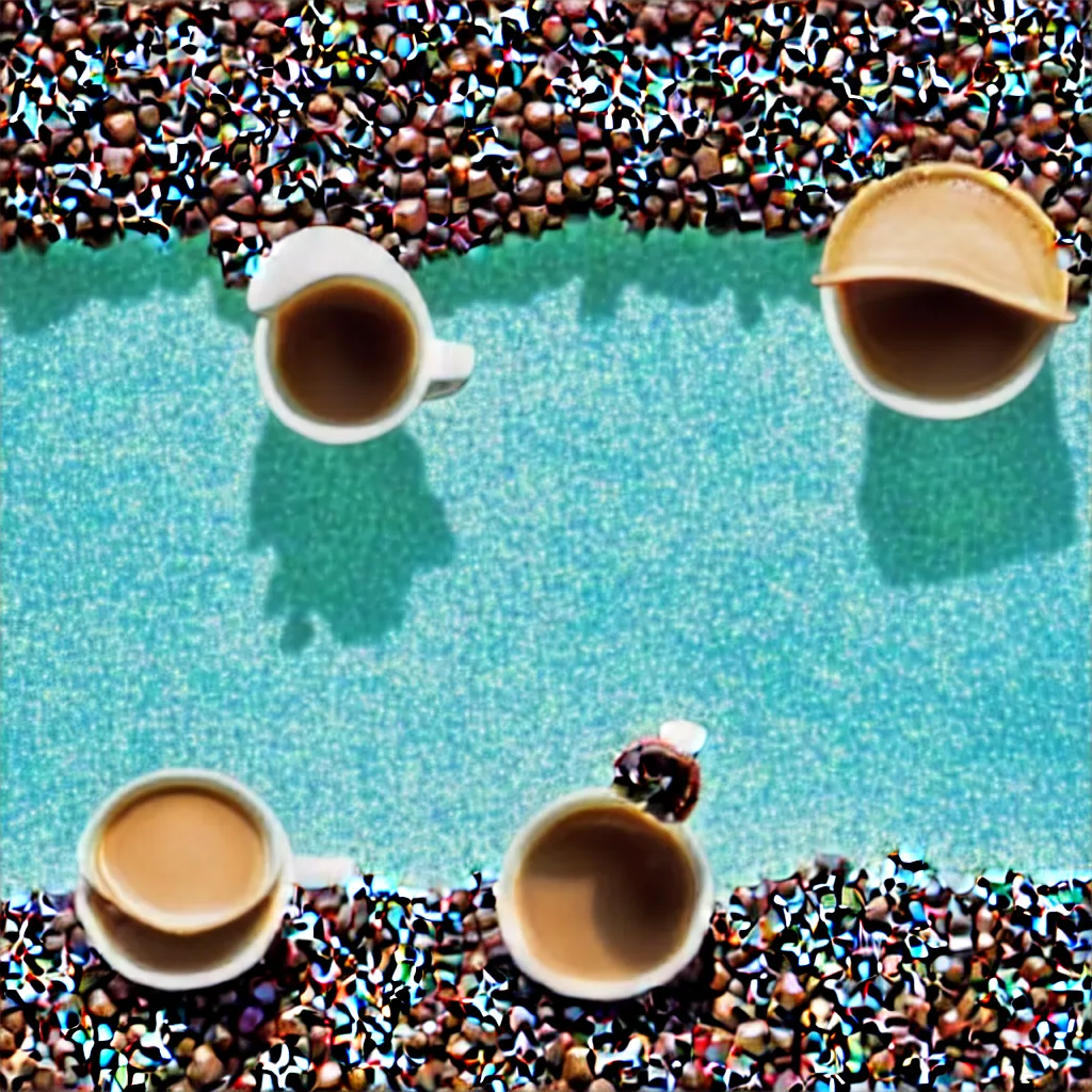 Image similar to tilt - shift view of a coffee - bean character drinking coffee while sitting on a coffee - bean shaped float in a giant coffee - cup shaped pool of coffee with steam rising up into the air