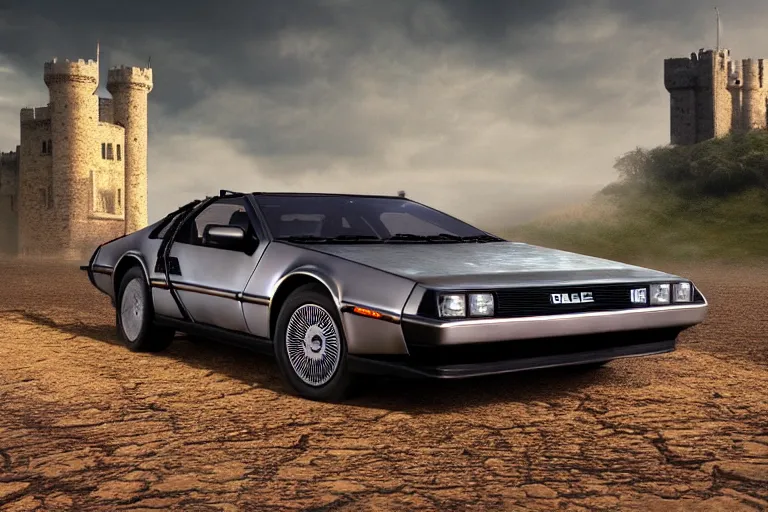 Prompt: Delorean car driving on a muddy road by a small castle, in the middle ages, digital matte painting, 4k UHD, desktop wallpaper