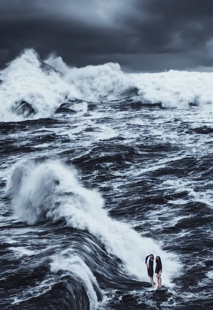 Prompt: fashion editorial in front of a giant tsunami wave. wide angle shot. highly detailed.