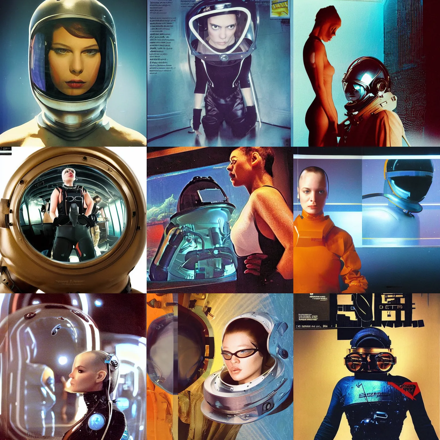 Prompt: beautiful 3/4 body portrait photo in style of 1990s frontiers in retrofuturism deep diving helmet fashion magazine wachowski edition, highly detailed, focus on full body mirror in foreground, soft lighting