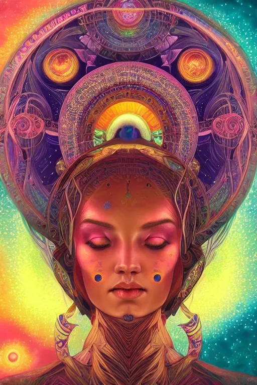 Image similar to goddess of space and dreams, psychedelic, mandala, coherent design, symmetrical, face by artgerm, trending on artstation, vivid color, complementary color, golden ratio, detailed, sharp lines, sharp focus, intricate, rainbowshift, peter mohrbacher, gustave dore, maxfield parrish, alphonse mucha, deviantart, octane render