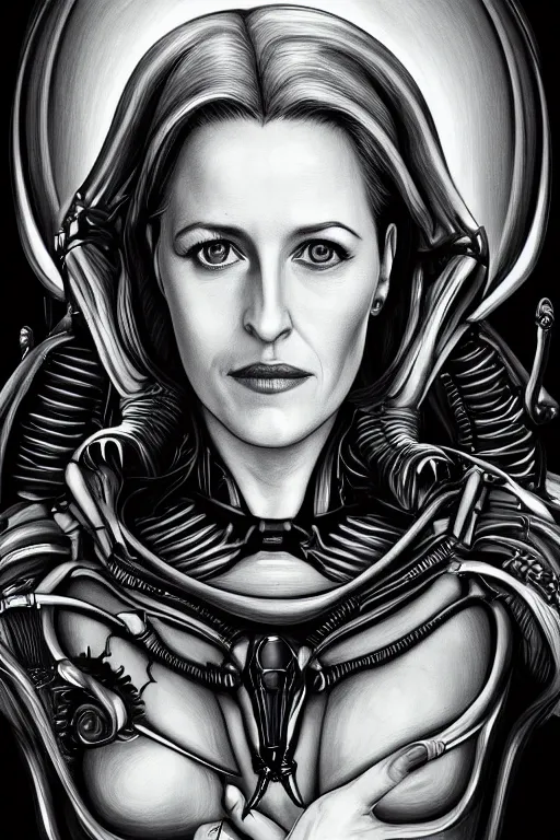 Prompt: portrait of a beautiful young gillian anderson with alien xenomorph queen by h.r. giger, detailed, proportional, trending on art station, 4k