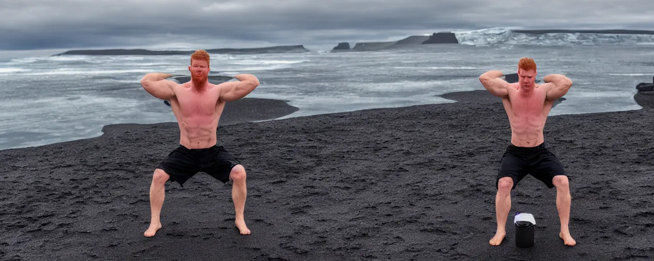 Image similar to cinematic shot of giant symmetrical ginger handsome gym bro doing pushups in the middle of an endless black sand beach in iceland with icebergs in the distance,, 2 8 mm