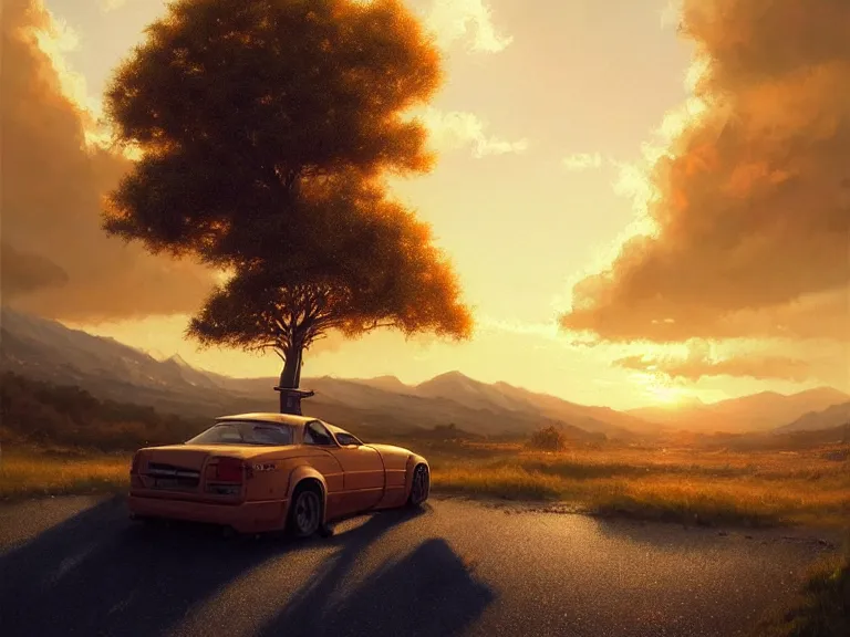 Prompt: a tree growing on a scrap car, soft golden sunset, clouds, mountains in the background, hyperrealistic, highly detailed, cinematic, ray of golden sunlight, beautiful, cgsociety, artstation, 8 k, oil painting by greg rutkowski, by artgerm, by wlop
