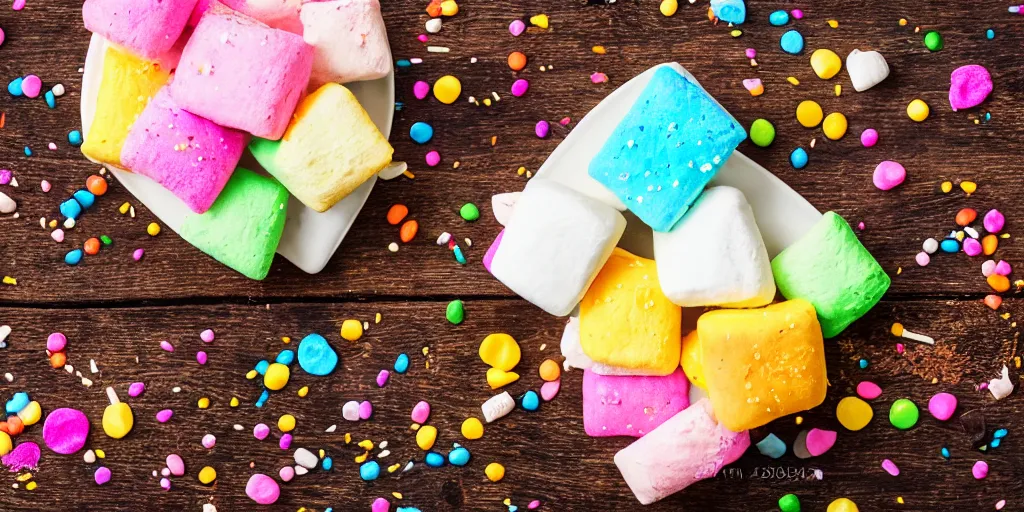 Prompt: photograph of a marshmallow treats with sprinkles and on a dark wooden chopping board, pastel colours, hessian cloth, styled food photography, photorealistic, 4 k, coffee, chocolate, hdr, 8 k