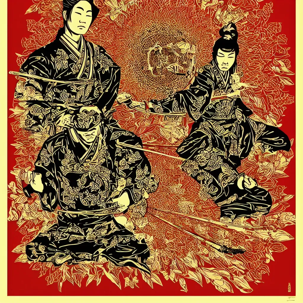 Prompt: poster of a beautiful meditating samurai by shepard fairey