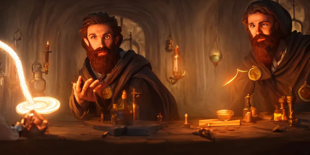 Prompt: a handsome bearded caucasian male sorcerer with brown hair, he is in a alchemist lab, casting a spell on a potion, action pose, digital art, 4 k, super coherent, unreal engine, by dave melvin