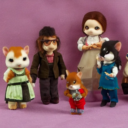 Image similar to “ calico critters, vampire, werewolf, frankenstein, miss frankenstein, product photo. ultra detailed. ”