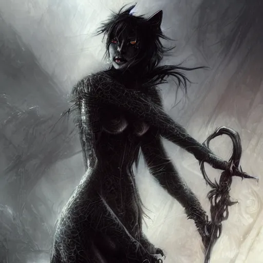 Image similar to gothic kitten, darkwave, darksynth, portrait, sharp, digital matte painting, art by luis royo, greg rutkowski, wlop, dramatic lighting, trending on artstation