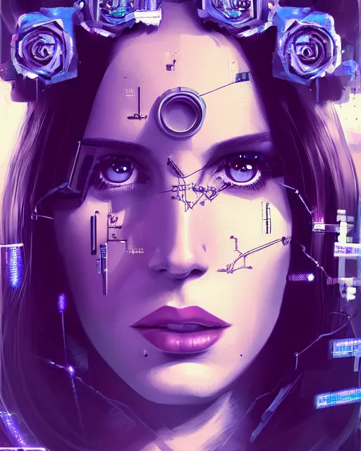 Image similar to portrait of lana del rey as a cyberpunk cyborg. roses, sci - fi, missing panels, intricate abstract, upper body, intricate artwork, by tooth wu, wlop, beeple, dan mumford. concept art, 8 k octane render, deviantart, greg rutkowski, cinematic, key art, hyperrealism, iridescent accents