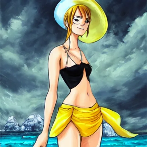 Image similar to beautiful emma watson cosplay as nami from one piece, oil painting, full body.