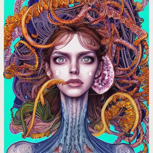 Image similar to the portrait of a ridiculously beautiful and pretty woman partially made of onion rings of all colors looking up, an ultrafine detailed illustration by james jean, final fantasy, intricate linework, bright colors, behance contest winner, vanitas, angular, altermodern, unreal engine 5 highly rendered, global illumination, radiant light, detailed and intricate environment