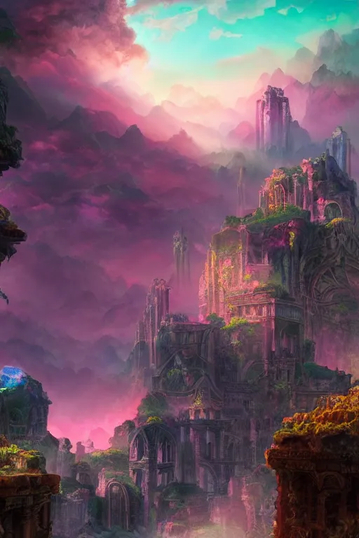 Image similar to beautiful matte painting vaporwave, fantasy ruins skyline background painted, intricate, volumetric lighting, beautiful, rich deep colors masterpiece, sharp focus, ultra detailed by