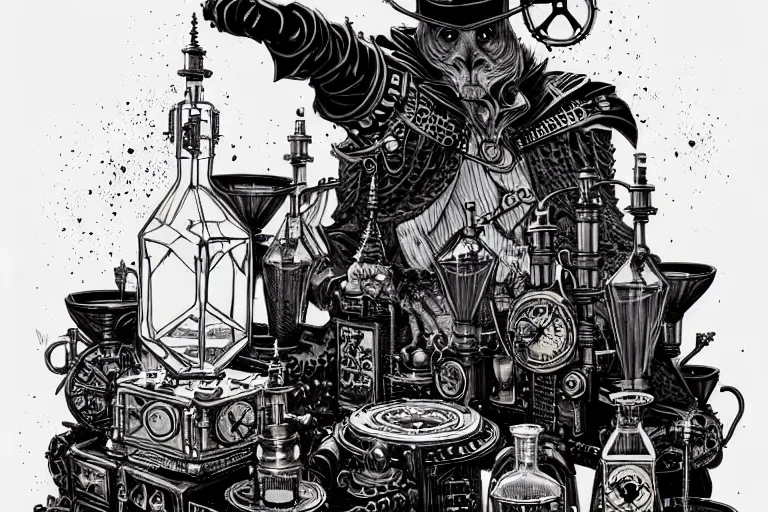 Image similar to a majestic steampunk alchemist wizard table, high details, bold line art, by vincent di fate and joe fenton, inking, etching, screen print, masterpiece, trending on artstation, sharp, high contrast, hyper - detailed,, hd, 4 k, 8 k