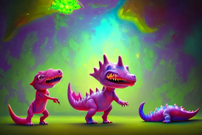 Image similar to pixar designed cute, smiling chibi style baby dinosaurs made entirely out of glowing electrified plasma, having fun inside a psychedelic realm made entirely out of love and acceptance and hypercolors. astral beings sharing love. greg rutkowski and wlop and lisa frank! and ruan jia, illustration, epic, fantasy, hyper detailed, smooth, unreal engine, sharp focus, ray tracing