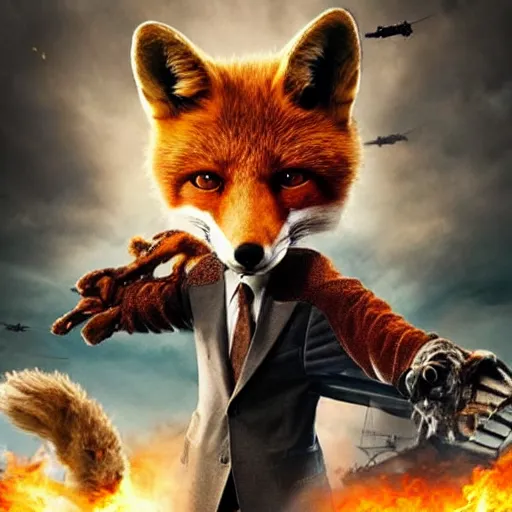 Image similar to hdr quality poster for an action movie called “ fox frigate ”, fearing cool looking anthropomorphic male fox in suit, stealing lots of fried chicken, promotional media