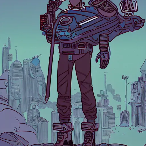 Image similar to in the style of max prentis and deathburger and laurie greasley a young mixed race male explorer wearing a cyberpunk headpiece who is standing on a giant robot head, highly detailed, 8k wallpaper, adventure time colour palette