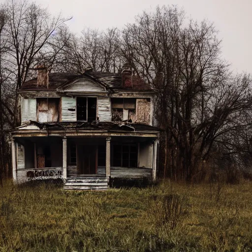 Image similar to VHS still of an abandoned house