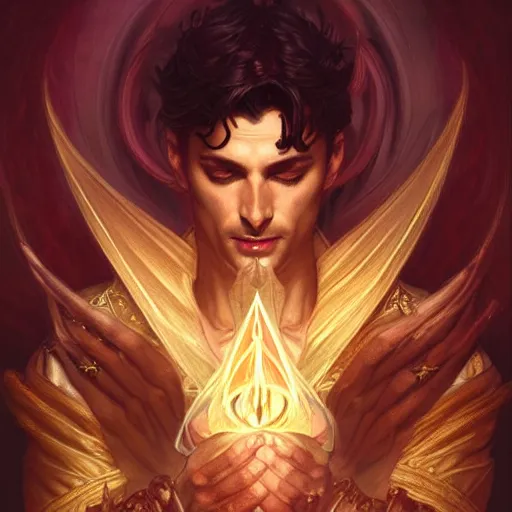 Image similar to attractive male deity, casting dark magic, summoning handsome lucifer morningstar, fantasy, intricate, elegant, highly detailed, digital painting, artstation, concept art, matte, sharp focus, illustration, art by artgerm and greg rutkowski and alphonse mucha