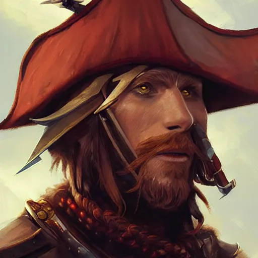 Image similar to amazing lifelike illustration of heroic handsome charming ginger rogue, long slender pointed ears, wearing a tricorne pirate captain hat, naval background, award-winning art by Greg Rutkowski