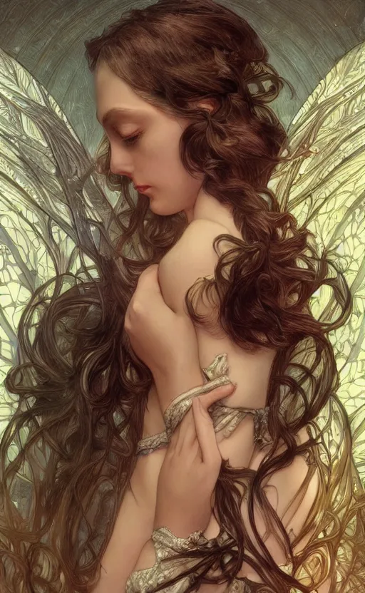 Image similar to a photograpic portrait of a pretty woman, angel, fantasy, intricate, elegant, highly detailed, digital painting, artstation, centered, concept art, smooth, sharp focus, arc, illustration, art by artgerm and h r giger and alphonse mucha