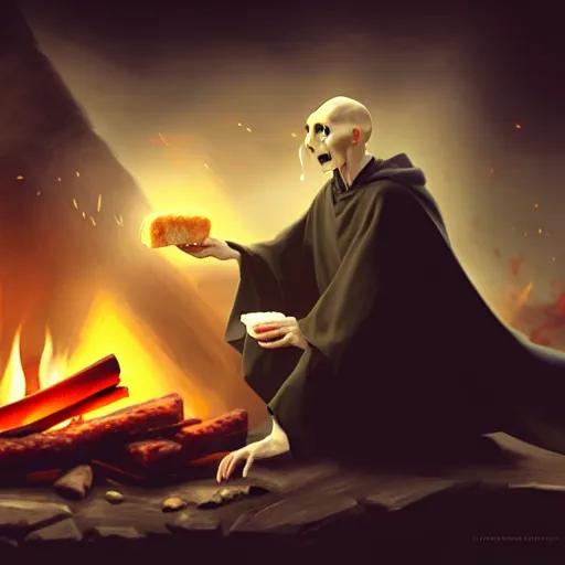 Image similar to voldemort eating a sandwich and sitting in a fire, stylized, artstation, hd, cgsociety, cgi, realistic, dramatic, cinematic, artistic, trending, detailed