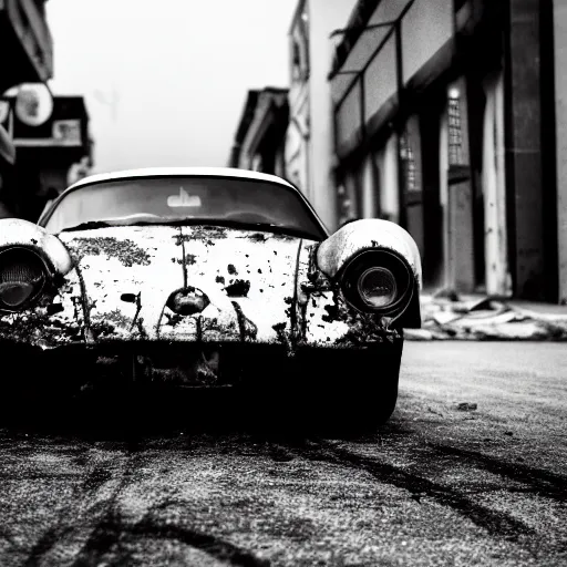 Image similar to black and white press photograph of a rusted abandoned expensive sports car on a busy city street, detailed, natural light, mist, film grain, soft vignette, sigma 5 0 mm f / 1. 4 1 / 1 0 sec shutter, imax 7 0 mm footage