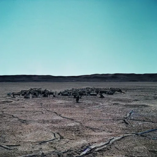 Prompt: film still, extreme far view, slipknot in mad max, apocalypse, desert, 2 6 mm, kodak ektachrome, blue tint expired film