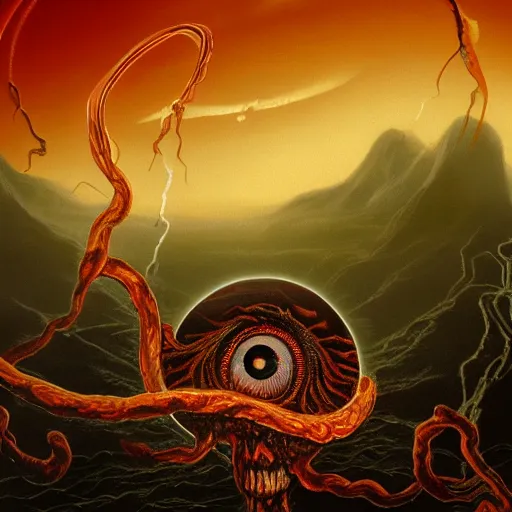 Image similar to translucent fleshy column of gory tendrils holding up a giant all - seeing eyeball, sharp mountains in the distance, dark red sky, smoke rising, apocalyptic, extremely detailed