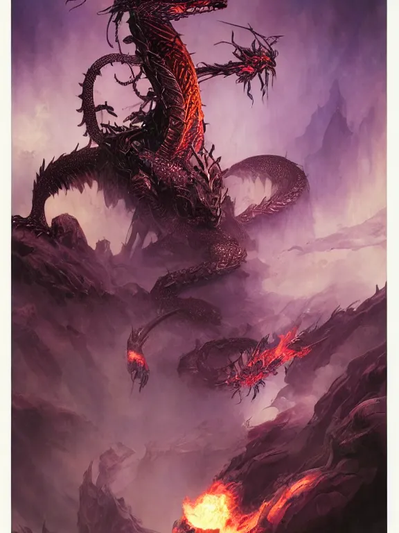 Prompt: black dragon breathing purple fire, ultra realistic, wide angle, intricate details, the fifth element artifacts, highly detailed by peter mohrbacher, hajime sorayama, wayne barlowe, boris vallejo, aaron horkey, gaston bussiere, craig mullins