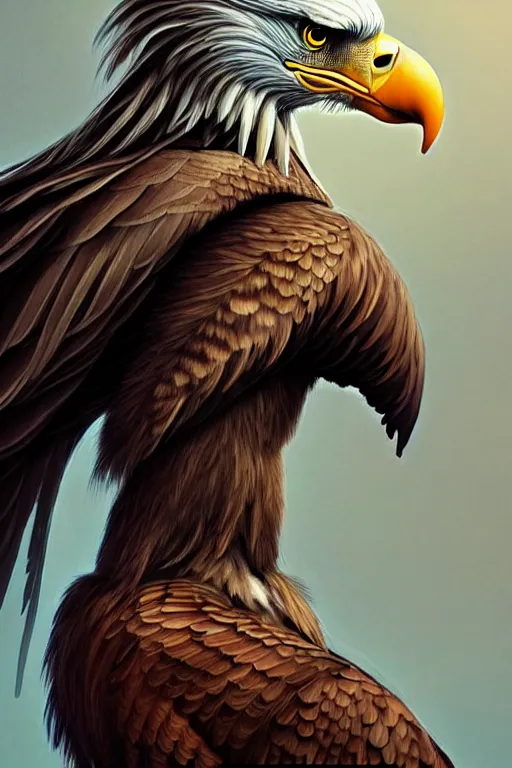 Image similar to epic professional digital art of attractive female human - eagle hybrid animal, wearing human air force jumpsuit, humanoid feathered head, eagle beak, by lisa roet, sam leach, leesha hannigan, wayne haag, artstation, cgsociety, epic, much wow, much detail, gorgeous, detailed, cinematic, masterpiece