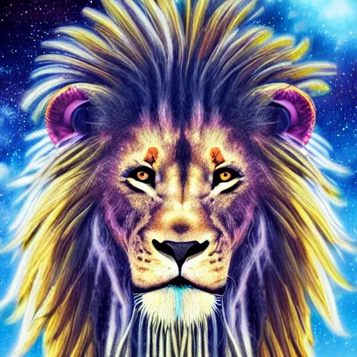 Image similar to a very high ultrarealistic hyper detailed photo of an futuristic lion humanoid with dreadlocks in the cosmos