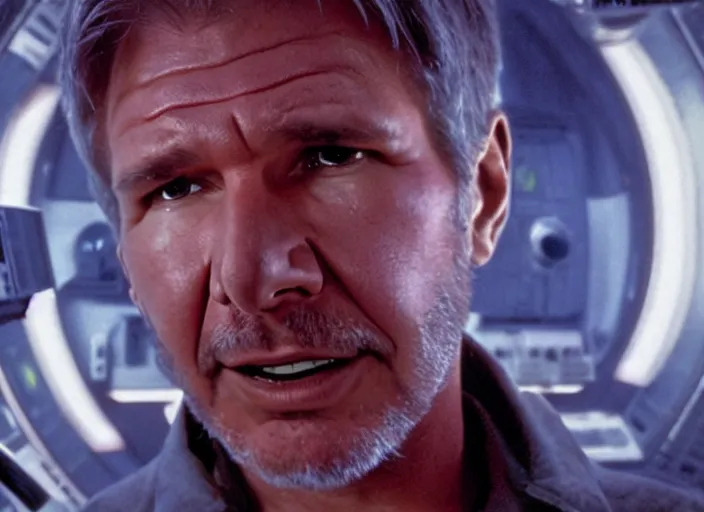 Prompt: screenshot portrait of Harrison Ford with his hands behind his back, standings on the Millenium falcon, talking to a blue hologram of Mark Hammill, iconic scene from the 1970s sci fi thriller directed by Stanely Kubrick film, color kodak, ektochrome, anamorphic lenses, detailed faces, moody cinematography