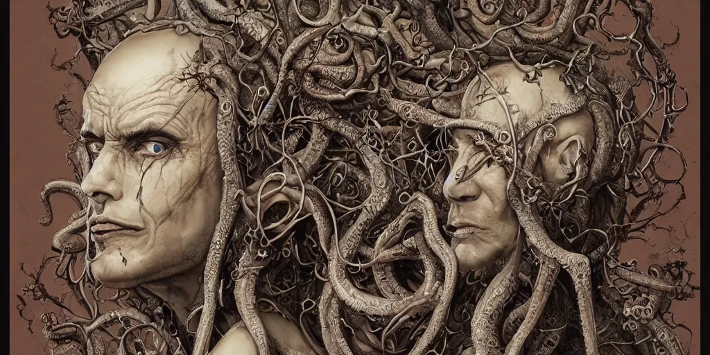 Image similar to centered horrifying detailed side view profile portrait of a insane, crazed, mad old bald zombie, ornate tentacles growing around, ornamentation, thorns, vines, tentacles, elegant, beautifully soft lit, full frame, 8 k by wayne barlowe, peter mohrbacher, kelly mckernan, h r giger