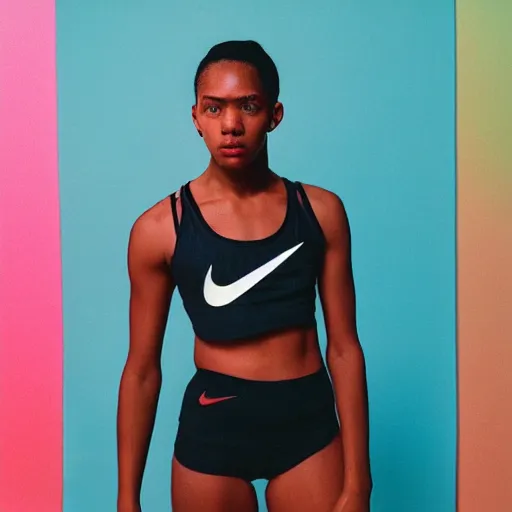 Image similar to realistic! photoshoot for a new nike lookbook, color film photography, portrait of a beautiful woman, red frontal light, in style of tyler mitchell, 35mm