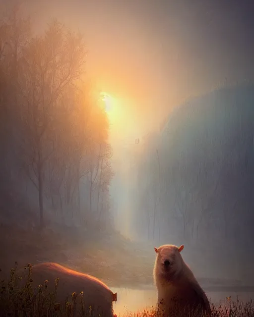 Image similar to white capybara at irithyll of the boreal valley, surreal photography, sunrise dramatic light, impressionist painting, digital painting, artstation, kilian eng, john harris, bastien lecouffe - deharme, simon stalenhag, flower face
