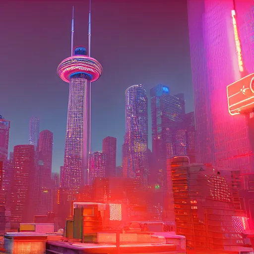 Image similar to Neon cyberpunk cityscape of Toronto Canada , CN tower, flying cars , advertisement screens, Blender 3D, Unreal Engine, 8k, by Jordan Grimmer and Andrea Pozzo