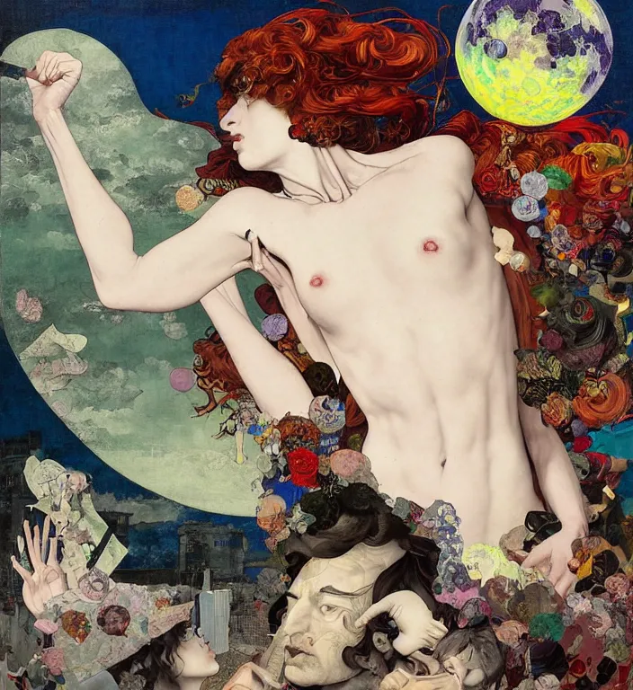 Image similar to over - saturated professional pre - raphaelite decollage painting defined colours old white - headed man under the huge moon on a street of neo toky city by adrian ghenie and takato yamamoto and austin osman spare and edward hopper and mark ryden and tsutomu nihei, very coherent, baroque elements, perfect anatomy, intricate design. pop art.