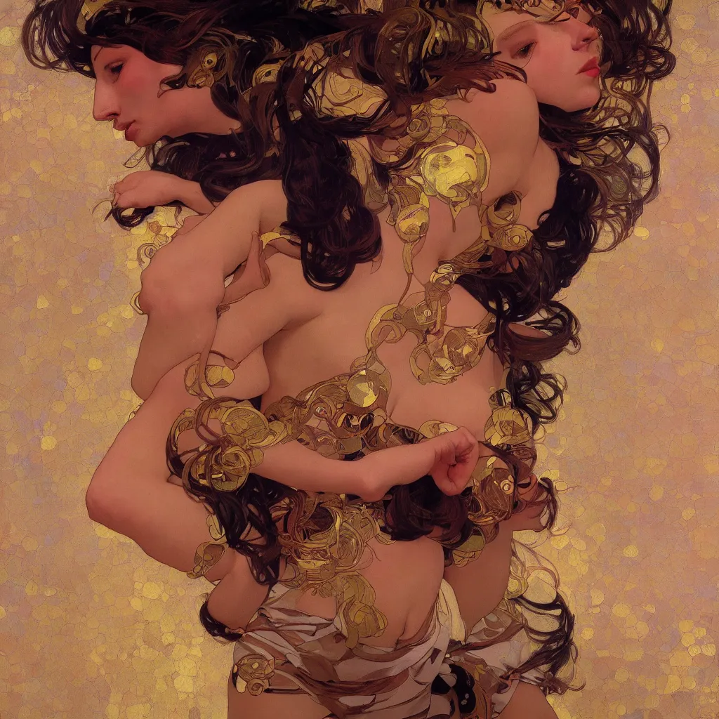 Image similar to modern woman | hyperrealistic | action pose | digital painting | trending on artstation | pinup portrait | clean | illustration | dressed | Unreal Engine 5 | 8k resolution | by Greg Rutkowski Alphonse Mucha Gustav Klimt and Mel Ramos